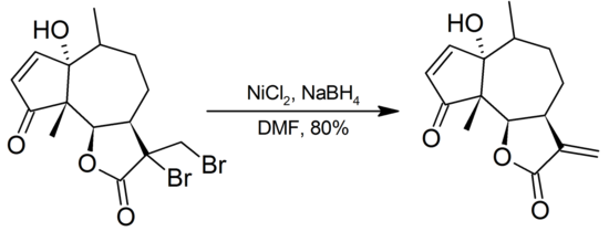 Dehalogenation of a vic-bromide into alkene by nickel boride.png