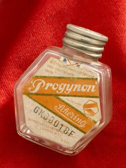 Glass bottle for 'Progynon' pills, United Kingdom, 1928-1948 Wellcome L0058274.jpg
