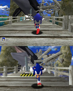 Top: Sonic runs from an orca that is chasing him in the original Dreamcast version of Sonic Adventure. Bottom: The same scene in Sonic Adventure DX, showing the graphical upgrades applied to the game.