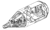 Drawing of a spacecraft which consists of a descent module, and a large cylindrical module behind it