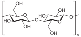 Cellulose, a linear polymer of D-glucose units (two are shown) linked by β(1→4)-glycosidic bonds