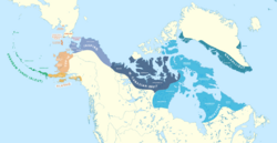 Map of regions where Eskimo–Aleut languages are spoken