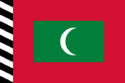 A green rectangle centered on a red field with a black and white hoist; charged with a white crescent facing the fly side