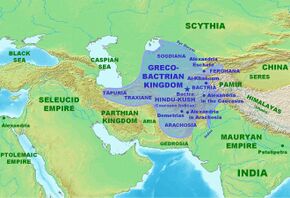 Approximate maximum extent of the Greco-Bactrian Kingdom circa 170 BC, under the reign of Eucratides the Great, including the regions of Tapuria and Traxiane to the west, Sogdiana and Ferghana to the north, Bactria and Arachosia to the south.