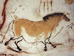 Outline drawing of a horse on a cave wall with yellowish paint on the body and a black mane