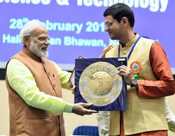 The Prime Minister, Shri Narendra Modi presenting the Shanti Swarup Bhatnagar Prizes for Mathematical Sciences to Dr. Nitin Saxena, Professor, IIT Kanpur, at a function in New Delhi on February 28, 2019.jpg
