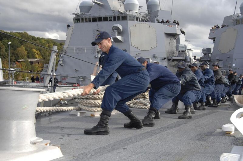 File:Defense.gov News Photo 100930-N-2855B-251 - U.S. Navy sailors aboard the guided missile destroyer USS Bainbridge DDG 96 haul in a mooring line while mooring the ship in Faslane Scotland on.jpg