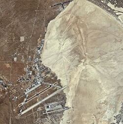 Rogers Dry Lake with Edwards AFB and Auxiliary Base South in the bottom left and Auxiliary Base North at the top of the image
