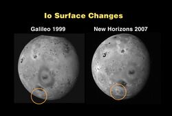 In the New Horizons image (from 2007), a small area of dark material is present in a bright region near the bottom; this area was not present in the Galileo image (from 1999).