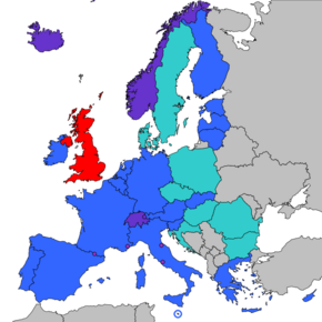   Eurozone   Other members of the European Union   Other member states of the European Economic Area, and Switzerland   Microstates participating in SEPA   United Kingdom (remaining in SEPA after Brexit)[1]