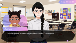 Black-haired girl staring at the viewer, with textbox attached to brown-haired girl stating "I have a special present for you, Frenchman. Come closer..."