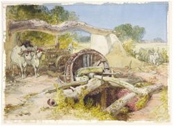Watercolour painting titled 'Persian wheel near Amritsar', painted in 1864–65 by William Simpson.jpg