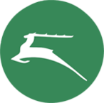 a green circle superimposed with a stylized white stag or deer leaping to the left