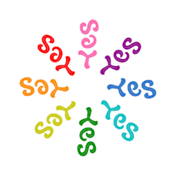 Ambigram Say Yes radial pattern rainbow color - rotation animation.gif