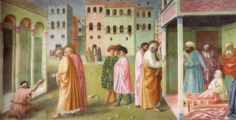 File:Cappella brancacci, Guarigione dello storpio e resurrezione di Tabita (restaurato), Masolino.jpg