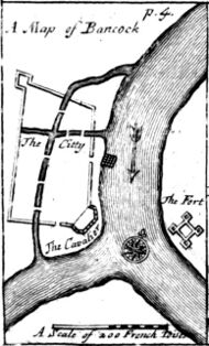 An engraved map titled "A Map of Bancock", showing a walled settlement on the west of a river, and a fort on the east