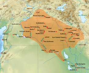 Approximate map of the Middle Assyrian Empire at its height in the 13th century BC