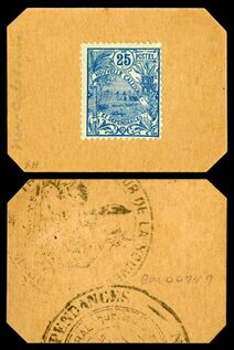 New Caledonia emergency stamp currency, 25 centimes (on card, 1914-23)