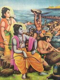 A 20th-century painting depicting a scene from Ramayana, wherein Vanaras are shown building a bridge to Lanka