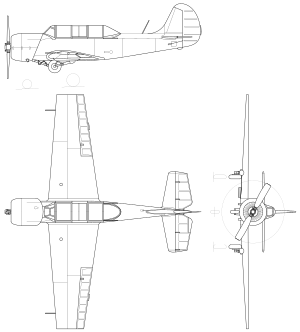 Yakovlev Yak-52 3-view line drawing.svg