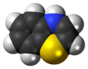 Space-filling model of the 4H-1,4-benzothiazine molecule