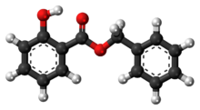 Ball-and-stick model of the benzyl salicylate molecule