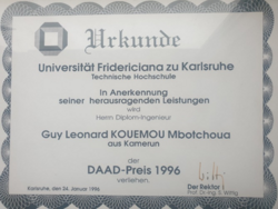 Dr. Guy Kouemou DAAD Prize Certificate KIT 1996.png