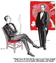 Bertie sits smoking a cigarette; Jeeves stands looking on