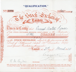 Stock certificate of the London Stock Exchange, issued on 31 March 1920, declared as a qualification share. The capital of the Exchange from its incorporation consisted of 20,000 shares held only by its members, with trustees and directors required to hold 10 qualification shares.