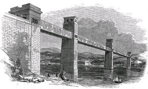 Drawing of bridge as rectangular tunnel supported by stone trestles in river below.