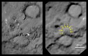 'Before and after' comparison images from Deep Impact and Stardust, showing the crater formed by Deep Impact on the right hand image.