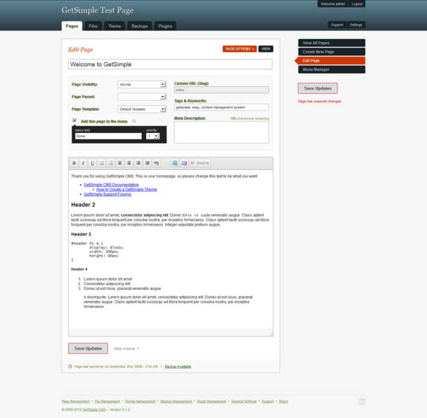 File:GetSimple Demo Install - Page Management.png