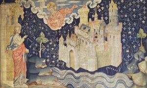 John of Patmos watches the descent of New Jerusalem from God in a 14th-century tapestry