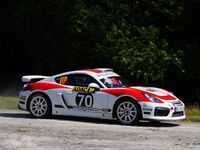 Porsche Cayman GT4 Rallye on the Panzerplatte at Rallye Deutschland 2018, driven by Romain Dumas with Denis Giraudet.jpg