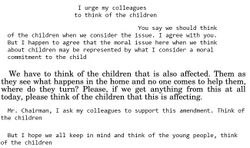 Typed statements with different sizes and fonts on a white background. The statements all include the phrase "think of the children"