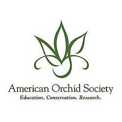 Logo of the American Orchid Society a line drawing of an orchid with the name of the society and below the words, "Education. Conservation. Research."