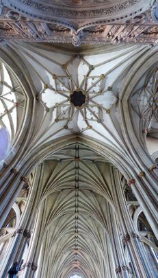 The interior of Bristol Cathedral shows the unusual pattern of the vaulting.