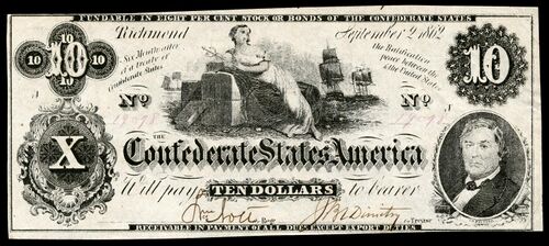 In the US, Ceres appears on several CSA banknotes. On this $10 note she reclines on a cotton bale holding a caduceus. Cropped image from National Numismatic Collection, National Museum of American History.