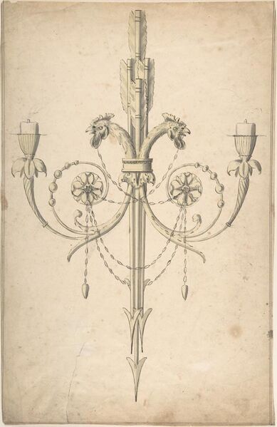 File:Design for a Girandole Composed of Three Clasping Arrows and Candle-branches Terminating in Cockerel Heads MET DP805620.jpg