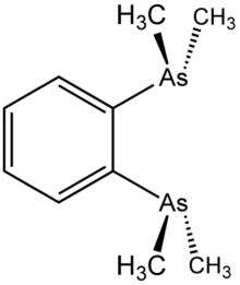 Stereo, Kekulé, skeletal formula of 1,2-bis(dimethylarsino)benzene with some implicit hydrogens shown