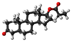Dihydrotestosterone propionate molecule ball.png