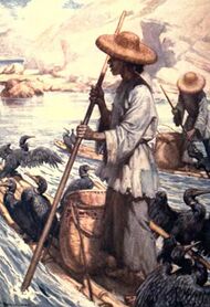 Illustration of fisherman on raft with pole for punting and numerous black birds on raft