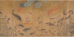 painting of many swimming fish, mostly in shades of tan