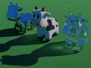 3D rendered image showing three copies of a cartoon cow. The one on the left has a mirror surface, and the one on the right uses a transparent glass material. The outlines of the cows and the shadows are smooth with no blockiness or angular defects. There are a few speckles of white pixels, but far fewer than in the low-quality image. The reflection, transparency, and lighting look realistic.