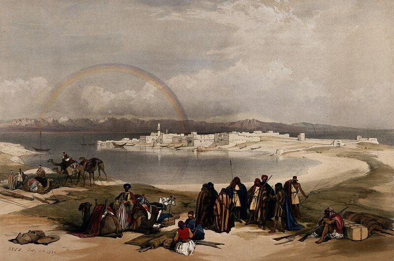 File:Suez, with figures, camels and a rainbow. Coloured lithograp Wellcome V0049456.jpg
