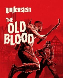 The game's cover art. The text "wolfenstein" is in the top right, with the text "THE OLD BLOOD" written underneath it. Behind the text is a man, preparing to use a pipe to hit an enemy.