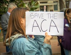 A hand-lettered sign saying "Save the ACA" held up by a woman standing in profile to the left. It blocks her facial features from view