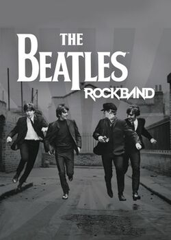 A black-and-white image, showing the four Beatles running in the foreground, against a block of buildings, styled with the game's logo and a grayscale starburst from the center