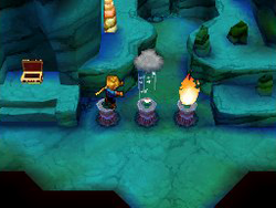 An in-game screenshot of the player's character using magic to conjure rain and douse a torch that was blocking the player's path.