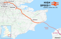Diagram of High Speed 1's route, showing a connection with the Channel Tunnel